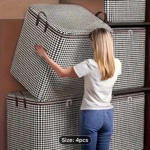 4pcs Large Storage Box Set- Black and White Checkered Pattern with Thickened Inner Lining and Double Zipper Design, Stackable with Lid and Carry Handle, Convenient for Moving, and Home Organization- Suitable for Seasonal Storage of Clothes, Under-Bed