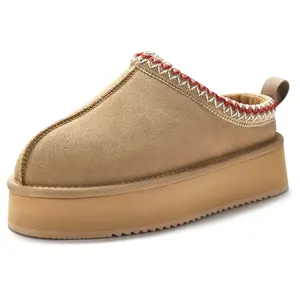 Snowind Women's Suede Platform Slip-on Slippers with Fluffy Fur Lining for Autumn Winter Warm Walking Shoes