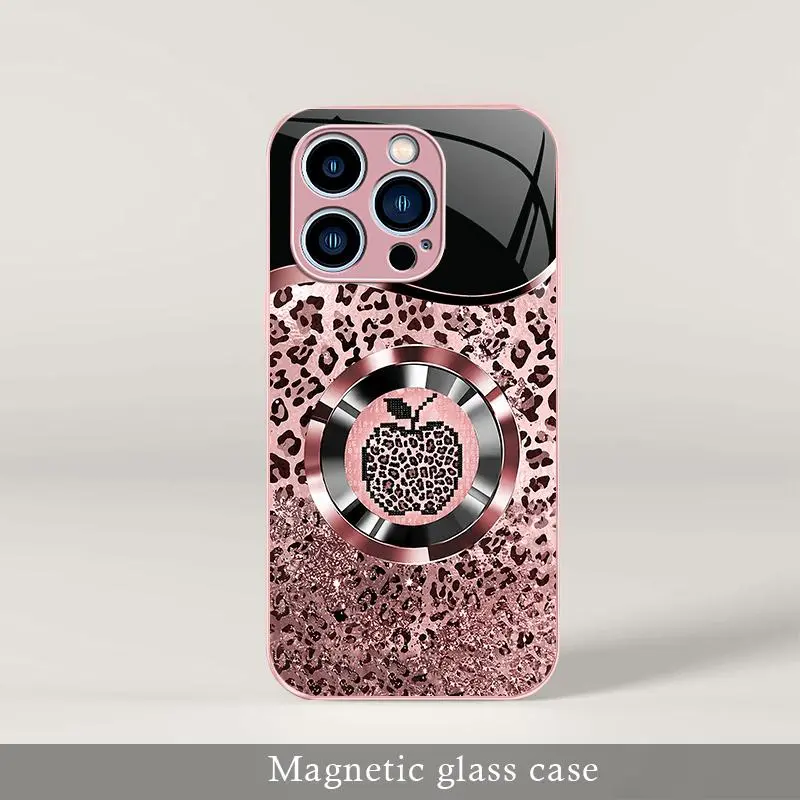 Trending “Affordable Luxury” pink glitter mermaid-scale & leopard print MagSafe glass case for iPhone 13 Pro Max — 9435