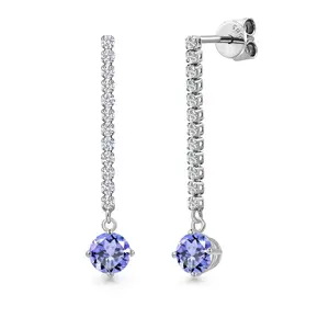 14K White Gold Blue Tanzanite and White Lab Grown Diamond Long Liner Dangle Earrings for Women | 1.28 Cttw | Gemstone December Birthstone | Round 5MM | White Gold Chain Drop Earrings