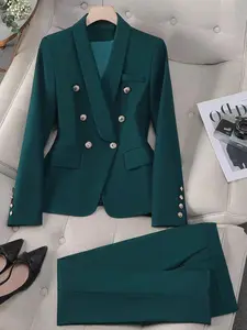 Elegant Fitted Women's Two-Piece Suit Set, Spring & Fall Fashion, Button-Decorated Woven Jacket and Pants with Zipper Pockets, Office Commute Wear