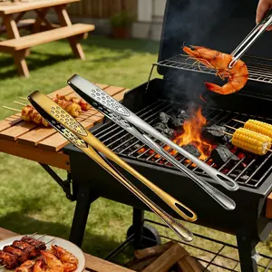 10.94inch 304 Stainless Steel BBQ Tongs Set - 10.94" Non-Slip Kitchen Tongs with Drain Holes for Grilling, Cooking, Buffet & More(Gold & Silver )