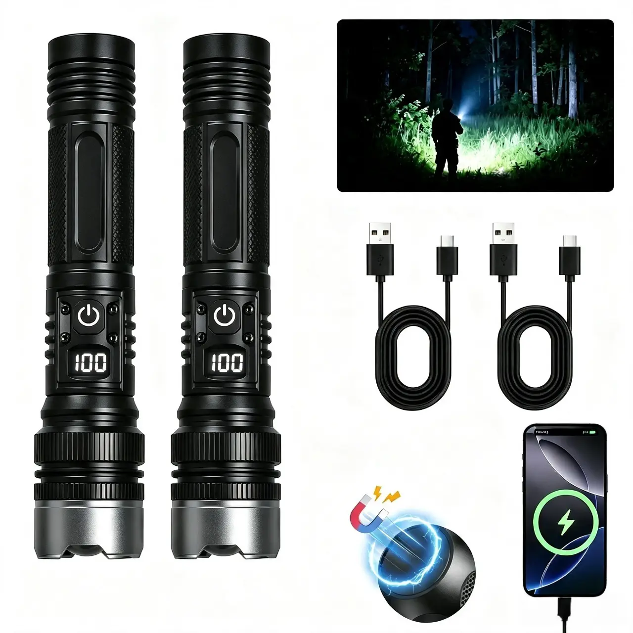 Digital Display LED Flashlight, Zoomable High Bright Torch, Rechargeable with Magnetic Charging & Device Output Port, Ideal Gear for Camping, Hiking & Emergency Situations ﻿