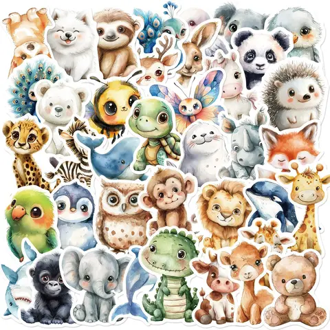 50pcs Cartoon Watercolor Animal Graffiti Series Stickers, Sticker Decals, Decal Set, Suitable for Faith Based Designs Such As Scrapbooks, Diaries, Laptops, Water Bottles, Cars, Etc., As Gifts with Positive Information