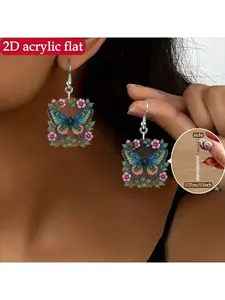 1 pair of butterfly printed acrylic earrings, designed with colorful butterflies and pink flowers, suitable for holiday and daily styles, flat and lightweight. Can be used for Christmas parties, adding a romantic atmosphere to dressing