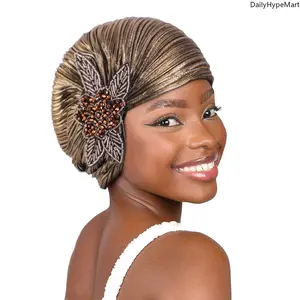 Clover Rhinestone Gold Foil Pleated Turban, Ethnic Print Head Wrap Cap