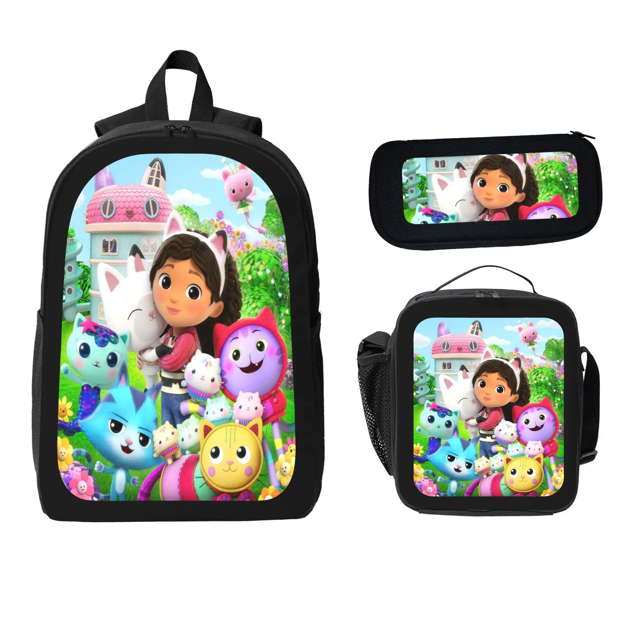 Gabby's Dollhouse Cartoon Print 3pcs Girls Backpack Set Pack - Back to School Kit with Zipper School Backpack, Pouch, Lightweight Polyester Lunch Container - Ideal for Zoo, Park Trips