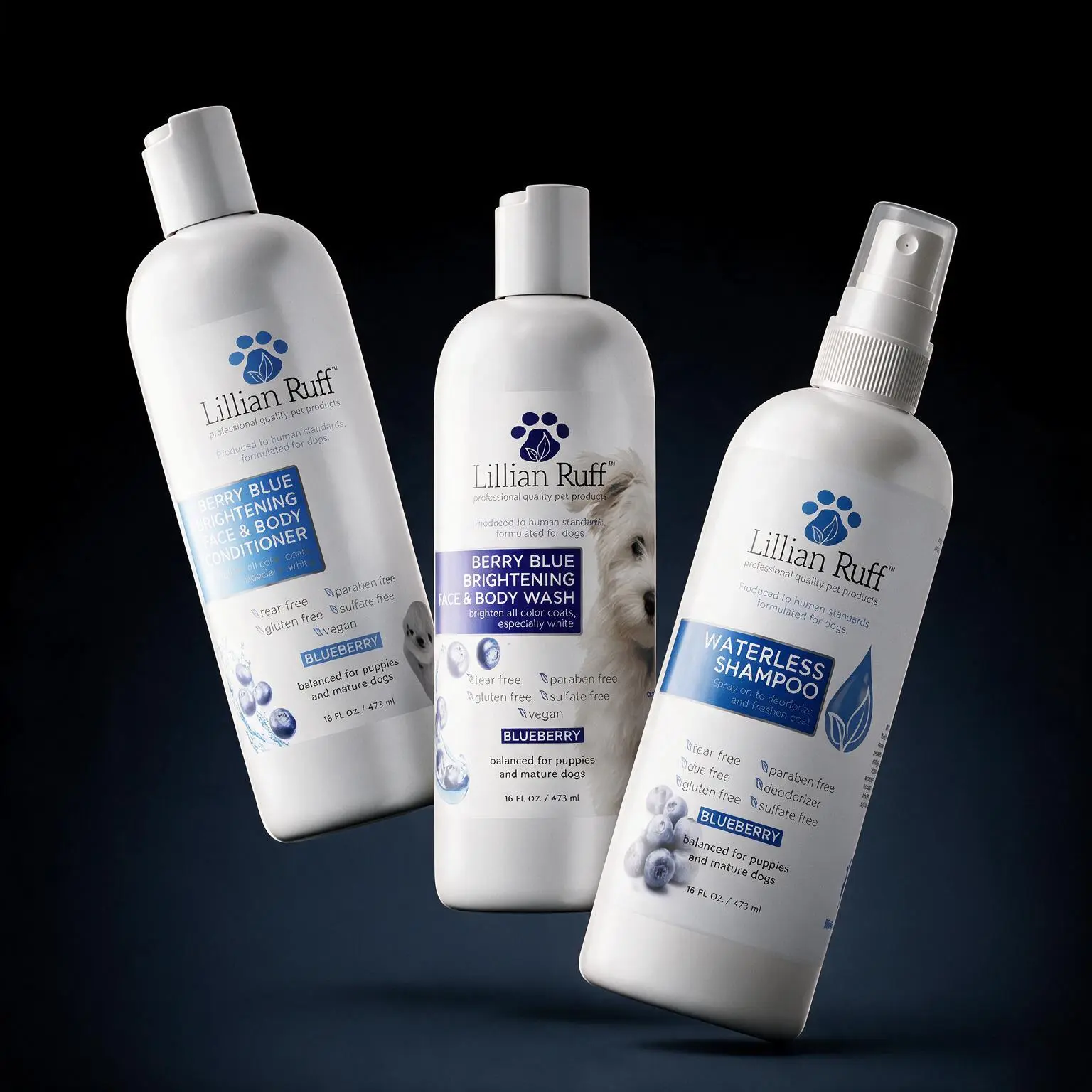 Lillian Ruff Berry Blue Brilliance Shampoo, Conditioner and Face Wash for Dogs Bundle – Blueberry, Made in USA (16 oz, Pack of 3)​