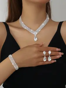 Luxurious Sparkling Rhinestone Geometric Teardrop Necklace Bracelet Earrings Set, Matching Jewelry Set, Bridal Wedding Jewelry Trio, Elegant Accessories
