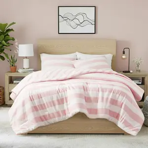 Reversible Striped  Comforter Set, Soft Microfiber Bedding Set with Double-Sided Stripes Design, Warm & Cozy for -Seasons, 3- Comforter and Shams Set  Size, Blush
