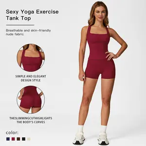 Two-Piece Set Women’s Solid Backless Camisole Tank Top & High Waisted Shorts Tracksuit Set, Sleeveless Spaghetti Strap Crop Top & Skinny Shorts, Ladies Sportswear for Indoor & Outdoor Wear, Gymwear