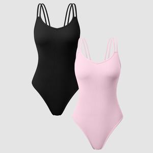 OQQ-Nine cents Women's 2 Piece Seamless Yoga Ribbed Bodycon Bodysuits Vneck Spaghetti Strap Minimalist Basic Soft Fit Sleeveless Tops Jumpsuit Elegant Short