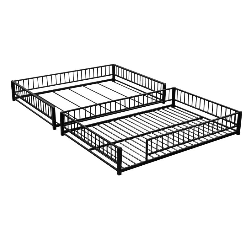 Modern Full XL Over Queen Bunk Bed Frame, Metal Floor Bunk Bed Frame with Ladder & Guardrails, No Spring Box Needed, That Can Separate, Black