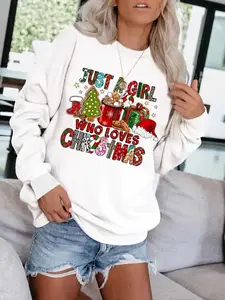Women's Casual Fitted Christmas Print Pullover Sweater, Soft Fabric Long Sleeve Round Neck Sweatshirt, All-Season Comfortable Wear