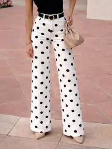 Women's Stretch Denim Polka Dot Jeans, Wide Leg Pants, Casual Fitted Style, All Seasons Everyday Wear, Plain Pattern, Comfortable & Stylish