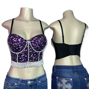 Rhinestone Diamond Corset - Purple & Black Sequined Crop Top with Adjustable Straps for Stylish Wear