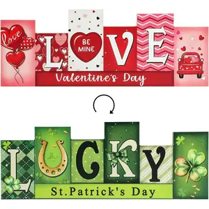 Valentine's Day & St. Patrick's Day Wooden Table Sign - LUCKY LOVE Reversible Tabletop Decor - Rustic Double-Sided Different Theme Irish Farmhouse Table Centerpiece