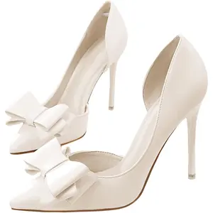Coutgo Women's Elegant Stylish Fashion Footwear, Closed Pointed Toe Bow High Heels, Stiletto Slip-On Wedding Pumps