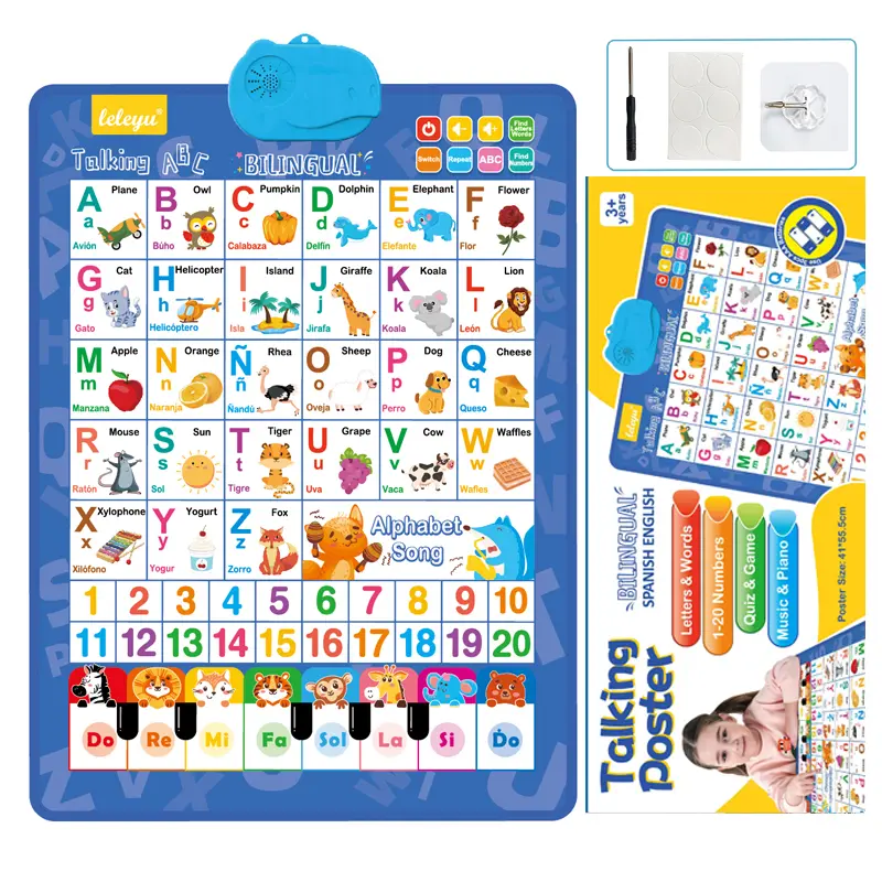 Bilingual Talking Wall Chart – English & Spanish Learning Poster for Kids with Songs, Alphabet, Numbers, Animal Words, and Piano – Interactive Educational Toy for Ages 1-6, Screen-Free, Battery-Powered, Classroom Use, Alphabet Preschool