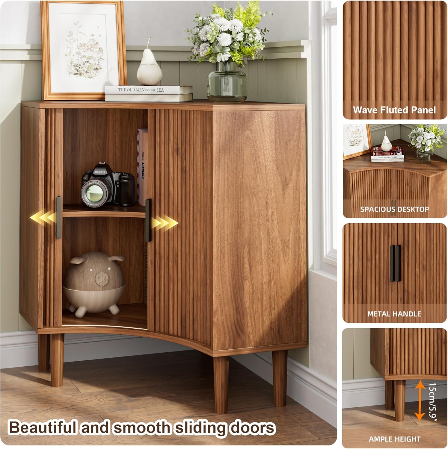 Fluted Corner Cabinet, Small Corner Floor Cabinet with Sliding Doors and Adjustable Shelves, Modern Wooden Freestanding Narrow Storage Organizer for Small Space,Living Room, Dining Room, Bathroom