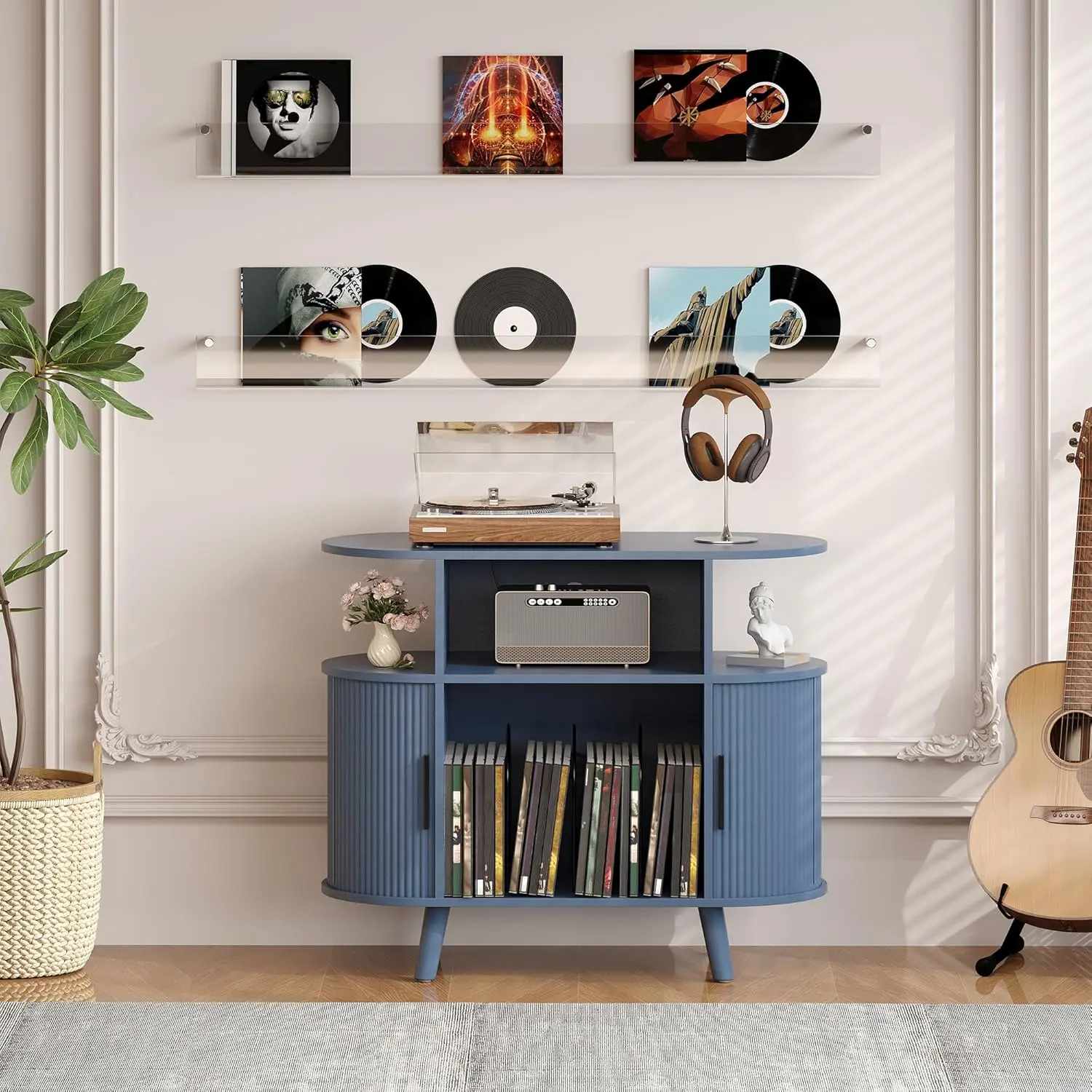 35" Mid-Century Modern Fluted Turntable Cabinet – Large Round Record Player Stand with Charging Station & Arched Display Shelf for Living Room