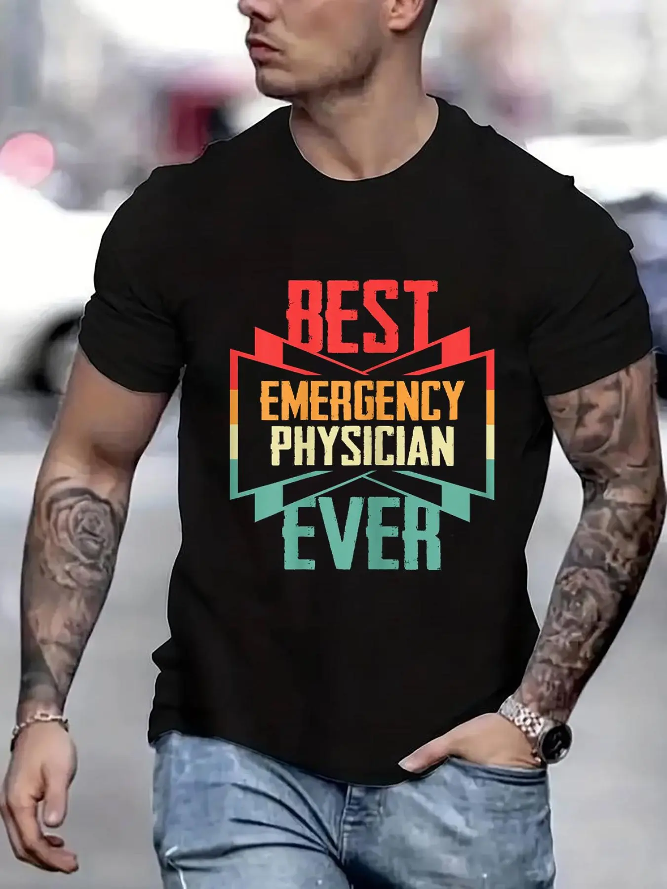 100% cotton Vintage Best Emergency Physician Ever Printed T-shirt, Short-sleeved Crew Neck Casual Top, Suitable For All Seasons, Men's Wear