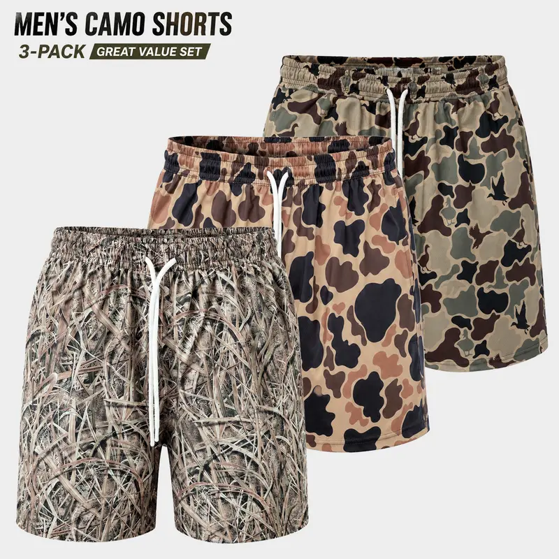 Men’s 5-Inch Inseam Quick-Dry Camo Sports Shorts - Soft, Breathable, Lightweight Hunt Gear for Duck Hunting, Hiking, Gym with 1-Pack or 3-Pack Options