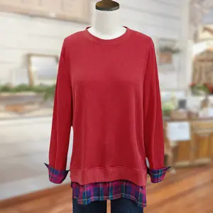 SageVell Women's Red Waffle Knit Pullover with Plaid Hem Layered Look Crewneck Long Sleeve Fitted Top for Casual Outfits Sweatshirts Womenswear Cotton Fabric