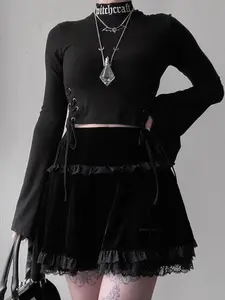 Elegant Feminine High-Waisted Fitted Short Lace Detail Embroidery Skirt, Sexy Dark Design Fashion Dress, Women's Stylish Half-Sleeve for Casual Wear Womenswear