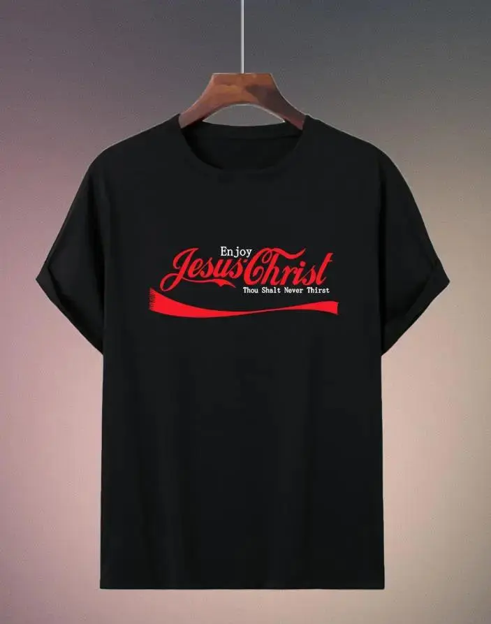 Enjoy Jesus Vintage Soda Script Graphic T‑Shirt, Faith Pop Culture Mashup Street Style Four‑Season Casual Short Sleeve Top