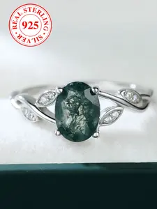 Elegant S925 Silver Oval Agate Edge Eight Character Four Claw Ring, Women's Evening Party Ring with Box, Stylish Jewelry Accessory, Elegant Engagement Ring, Elegant Everyday Ring