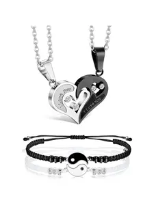 4 Pcs Black Silvery Heart YinYang Couple Jewelry Set for Women Men I Love You Couples Necklaces Jewelry Matching Necklaces Bracelets for Couples Best Friends Valentines Gift for Him and Her Heart Necklaces Bracelets Elegant Jewelry Set