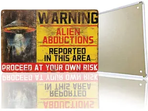 Alien Abductions Warning Sign 8x12 Inch Vintage Metal Art UV Resistant Stainless Steel Poster for Home Office Wall Decor 3M Command Strips Compatible
