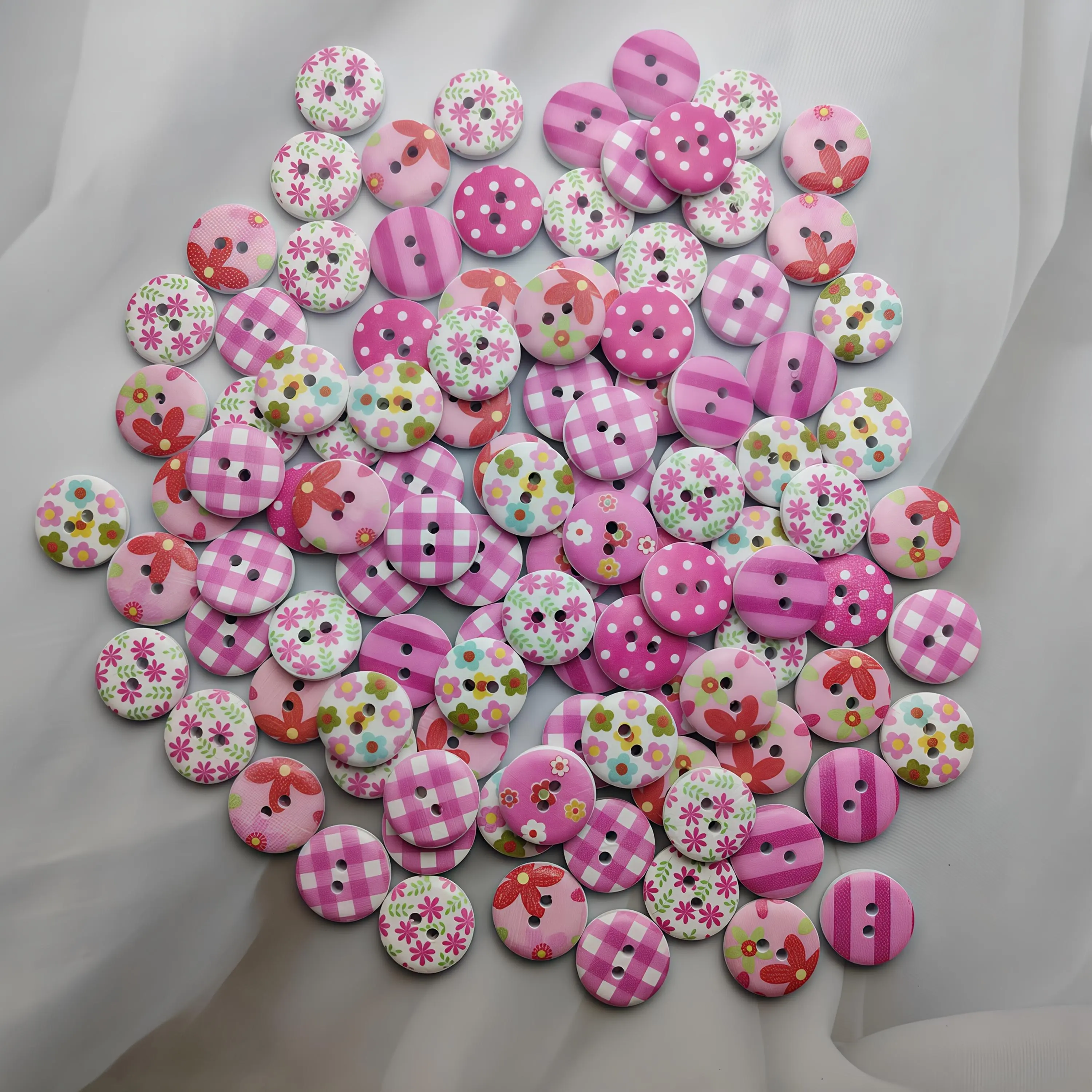 100pcs Cute Pink Wooden Buttons with Smiling Faces & Floral Patterns - Pastel Colors (Pink, Blue, Yellow, Green, Brown, White) - Heart & Bow Shapes, Smooth Rounded Edges for Crafts, Clothing, Bags, Hats, Party Decorations - Durable Wood Material