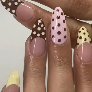 24pcs Long Almond Fake Nails Kit, Nude Macaron Polka Dot, Reusable, Multiple Sizes, Includes Jelly Glue and Nail File, All Seasons