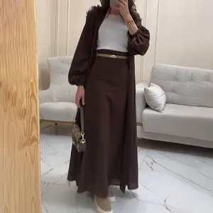 2025 Women's Satin Puff Sleeve Elegant Cardigan Robe Tie Half Two-Piece Set in Olive Green Coffee Brown Royal Blue Black Red Gray Sizes XS to XXL for Leisure