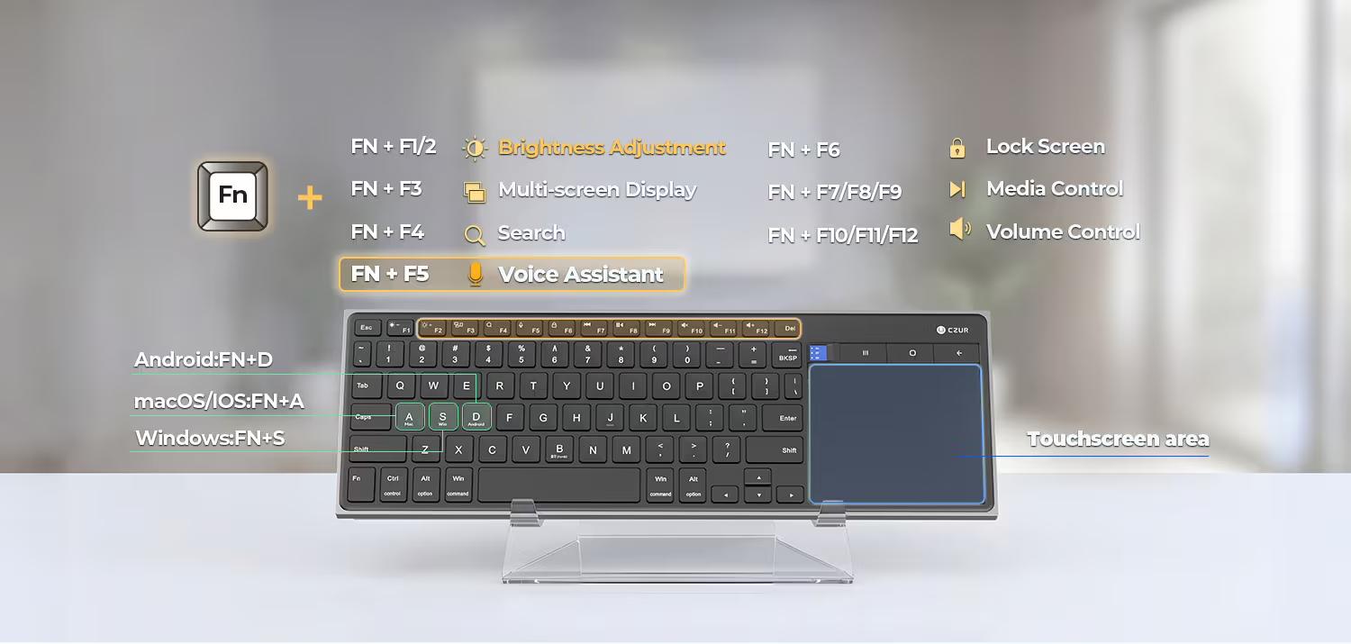 CZUR K5S Bluetooth Keyboard with Touchpad, Wireless & Wired Keyboard with Trackpad for PC, Laptop, Tablet & Phone, Multi-Device Portable Rechargeable Keyboard, for Windows/Mac/Android/iOS (No Backlit)
