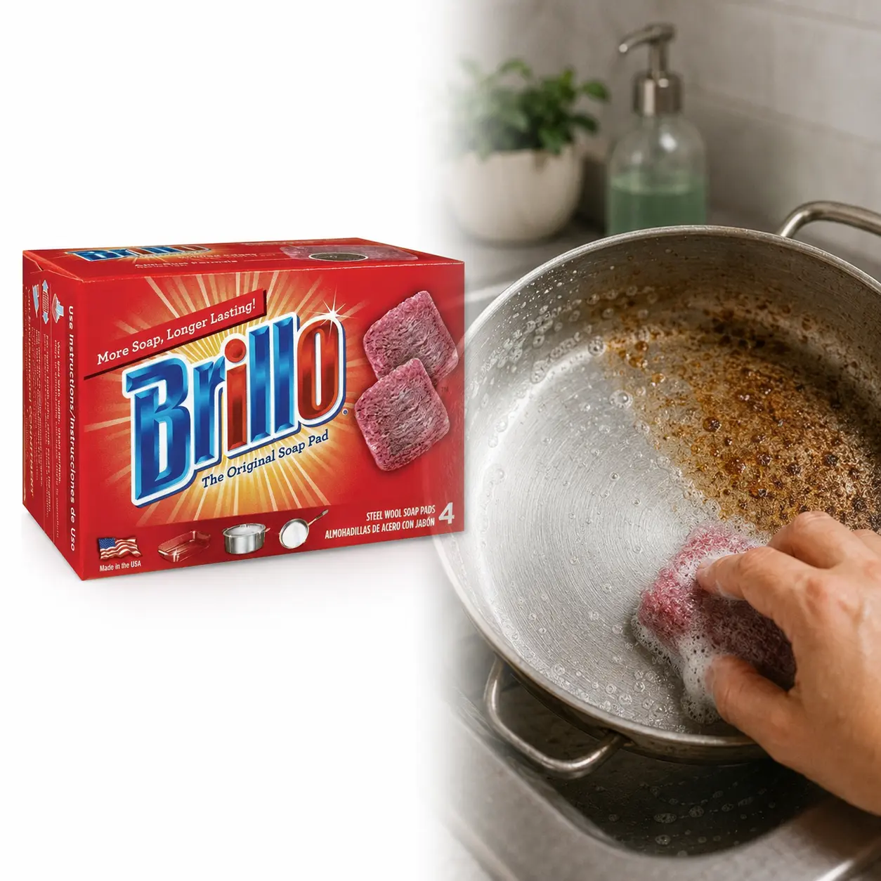 Brillo Steel Wool Soap Pads (4 Count, Original Scent) - 29% More Soap, 8% More Steel Wool, Durable Long-Lasting Pads for Tough Messes, Rusted Cookware, Barbecue Tools, Glass Surfaces, No Peroxide