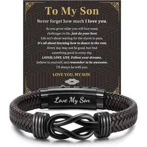 Men's Bracelets Gifts for Men - Brown Braided Leather Infinity Knot Bracelets Engraved Love Massage for Son Man Husband Boyfriend, Mens Bracelet   for Birthday Valentine's
