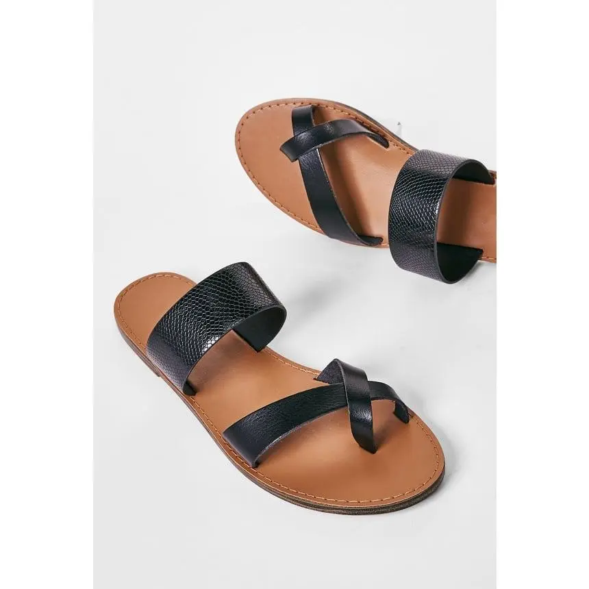 Women's Extra Wide Slide Sandals, Casual Faux Leather Slip-On with 2-Tone Strap and Comfortable Low Heel for Summer, Wide Feet Sandal Solutions