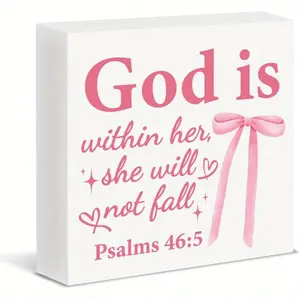 Christian Girl Nursery Wooden Block Sign Bible Verse Religious God Is within Her She Will Not Fall Wood Box Sign Home Nursery Girls Room Dorm Decor Home Decoration 5x5 inch