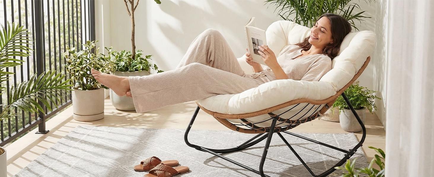 Arlopu Outdoor Papasan Rocking Chair, Oversized Padded Lounge Rocker with Cushion, Comfy Wicker Egg Lounge Chair, Large Indoor Rocking Recliner for Living Room/Porch/Garden