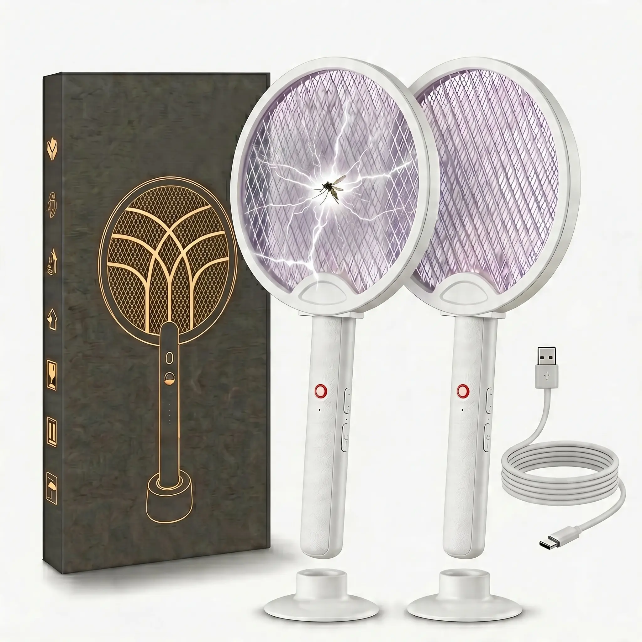 Yudodo Foldable Electric Fly Swatter Racket, Handheld Bug Zapper Racket, Insect Killer, Mosquito, 2 in 1 Smart Bug Zapper with USB Rechargeable Base, with 3-layer Mesh, USB Cable, for Indoor and Outdoor.