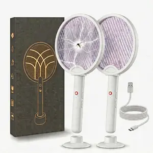 Yudodo Foldable Electric Fly Swatter Racket, Handheld Bug Zapper Racket, Insect Killer, Mosquito, 2 in 1 Smart Bug Zapper with USB Rechargeable Base, with 3-layer Mesh, USB Cable, for Indoor and Outdoor.