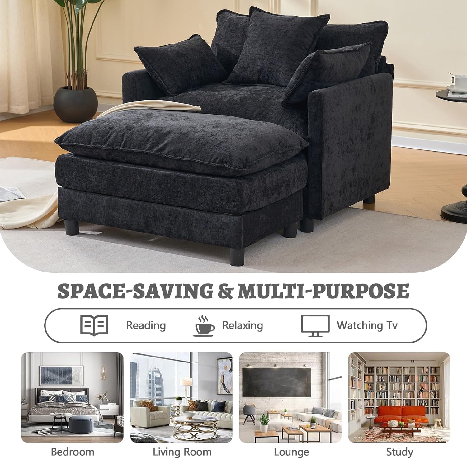 39.4" Modern Accent Chair with Ottoman, Living Room Club Chair Chenille Upholstered Armchair, Reading Chair for Bedroom (Black)
