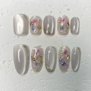 [Floral] Acrylic Handmade Press on Nails, Fake Nails with Nail tool kit with Jelly Stickers, Reusable, Durable