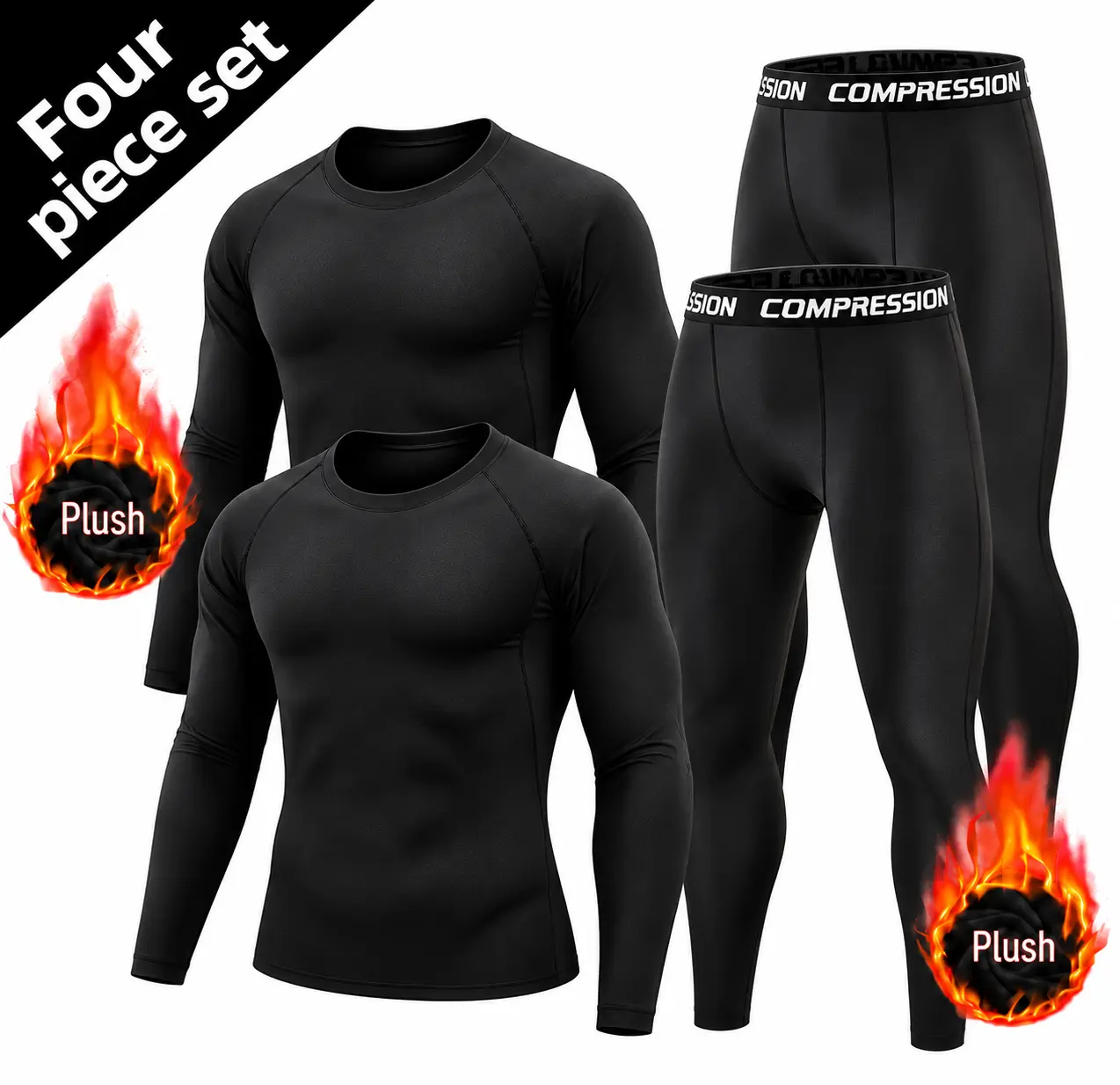 Men's 4-Piece Fleece Lined Thermal Compression Set, Performance Enhancing Sports Thermal Underwear, Warm Long Sleeve Shirts & Leggings, Stretch Workout Gear for Winter Running, Hiking, Performance Enhancing Men's Sports Thermal Underwear