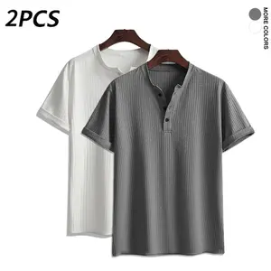 2PCS Men’s Ribbed Henley T-Shirts, Casual Short Sleeve Button Neck Tops, Breathable Slim Fit Summer Shirts for Everyday Wear,summervibes