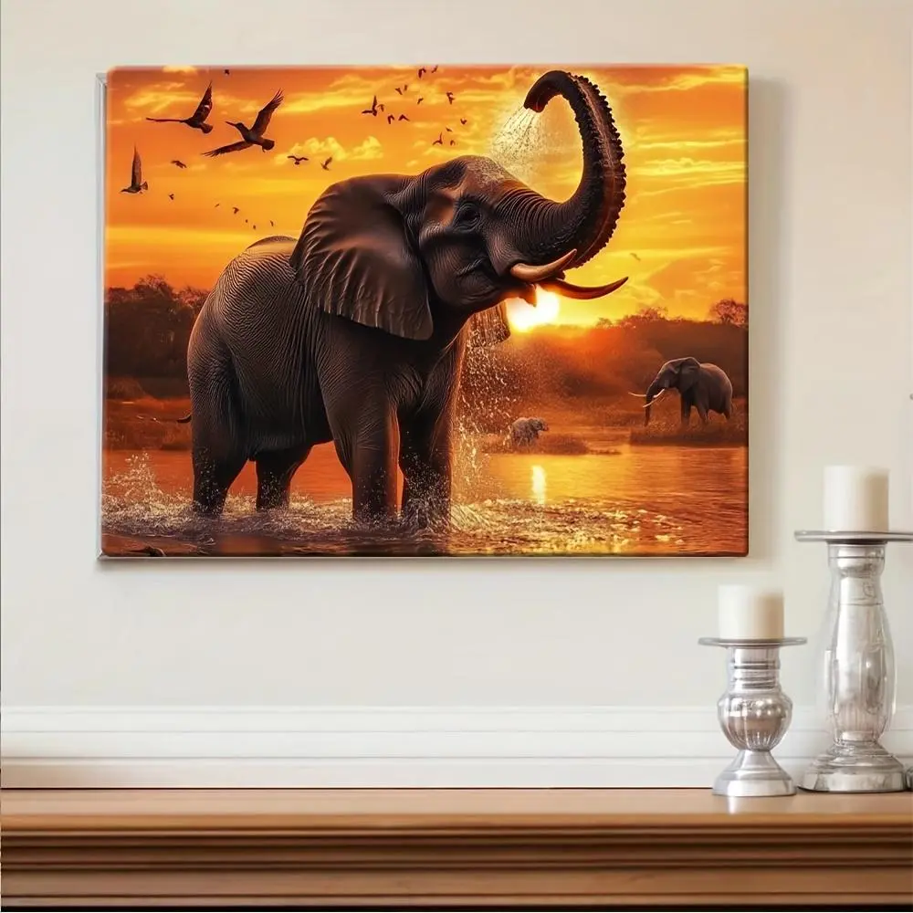 Artistic Majestic Elephant Sunset Canvas Wall Art - Framed Wildlife Decoration, High-Quality Print on White Semi-Gloss Canvas, Wooden Frame Included, for Living Room, Bedroom