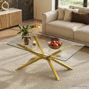 39.37" Rectangular Clear Tempered Glass Coffee Table, Stylish Design with Gold Metal Legs, Indoor Living Room Coffee Table for Living Room Decor, Apartment Furniture, Modern, Adjustable Feet